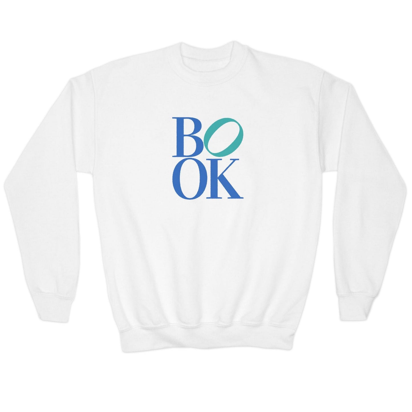 White sweatshirt with 'BOOK' printed in blue and green on a white background