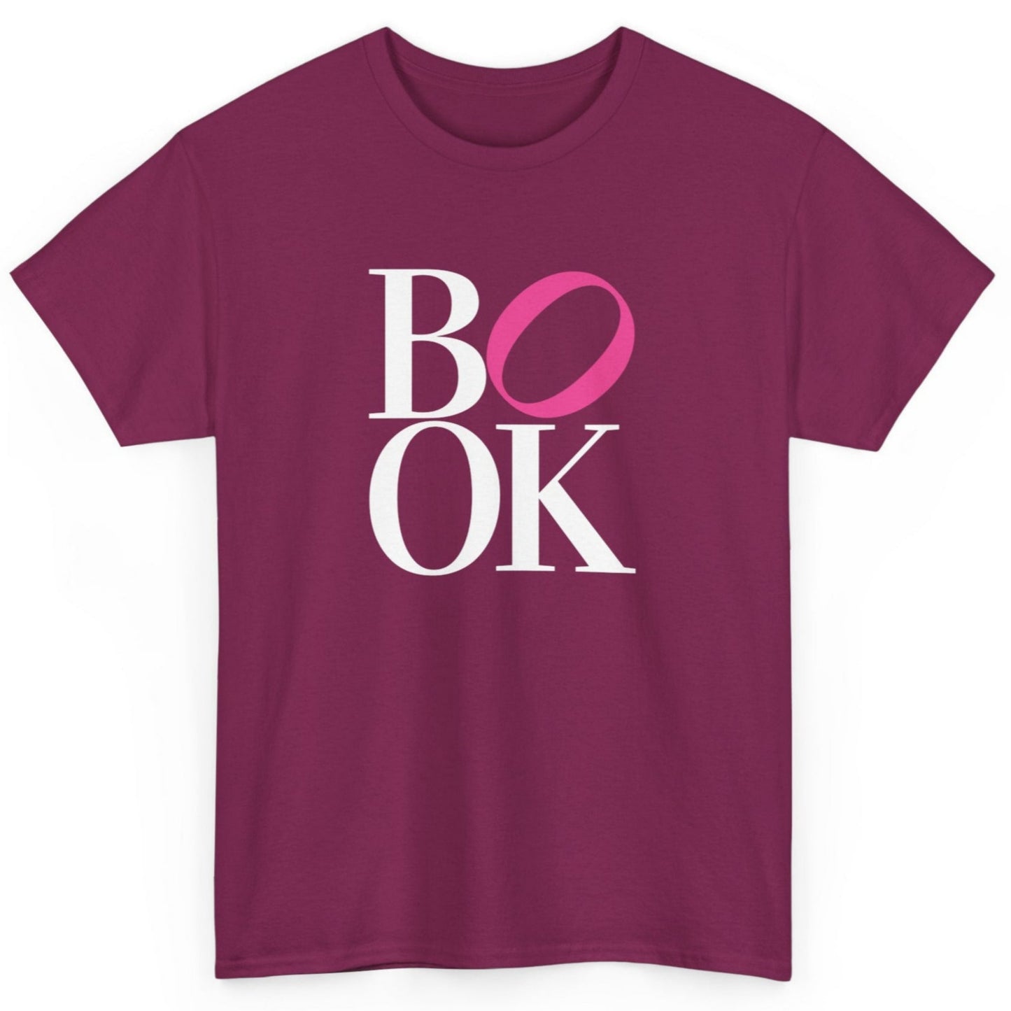Magenta t-shirt with 'BOOK' text design on a white background