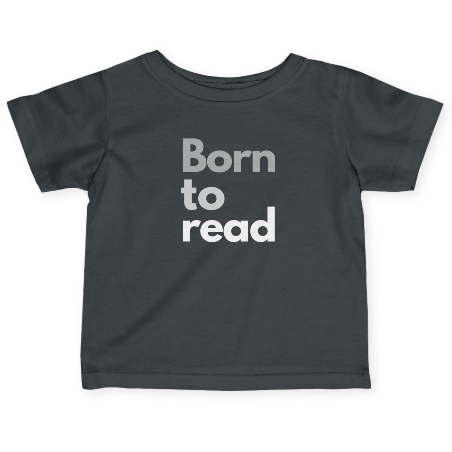 Black t-shirt with 'Born to read' text on a white background
