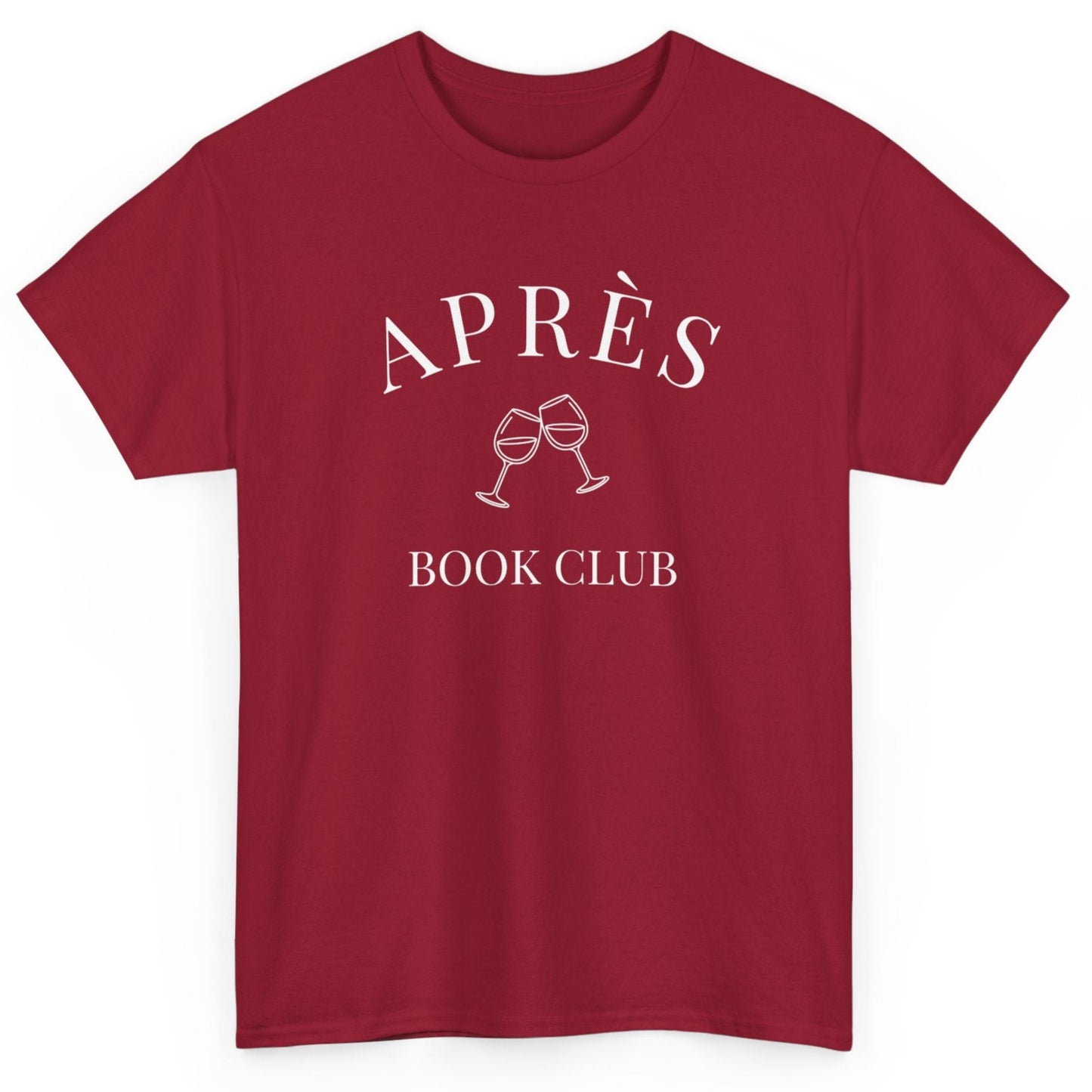 Red t-shirt with 'APRÈS BOOK CLUB' text and sunglasses graphic on a white background