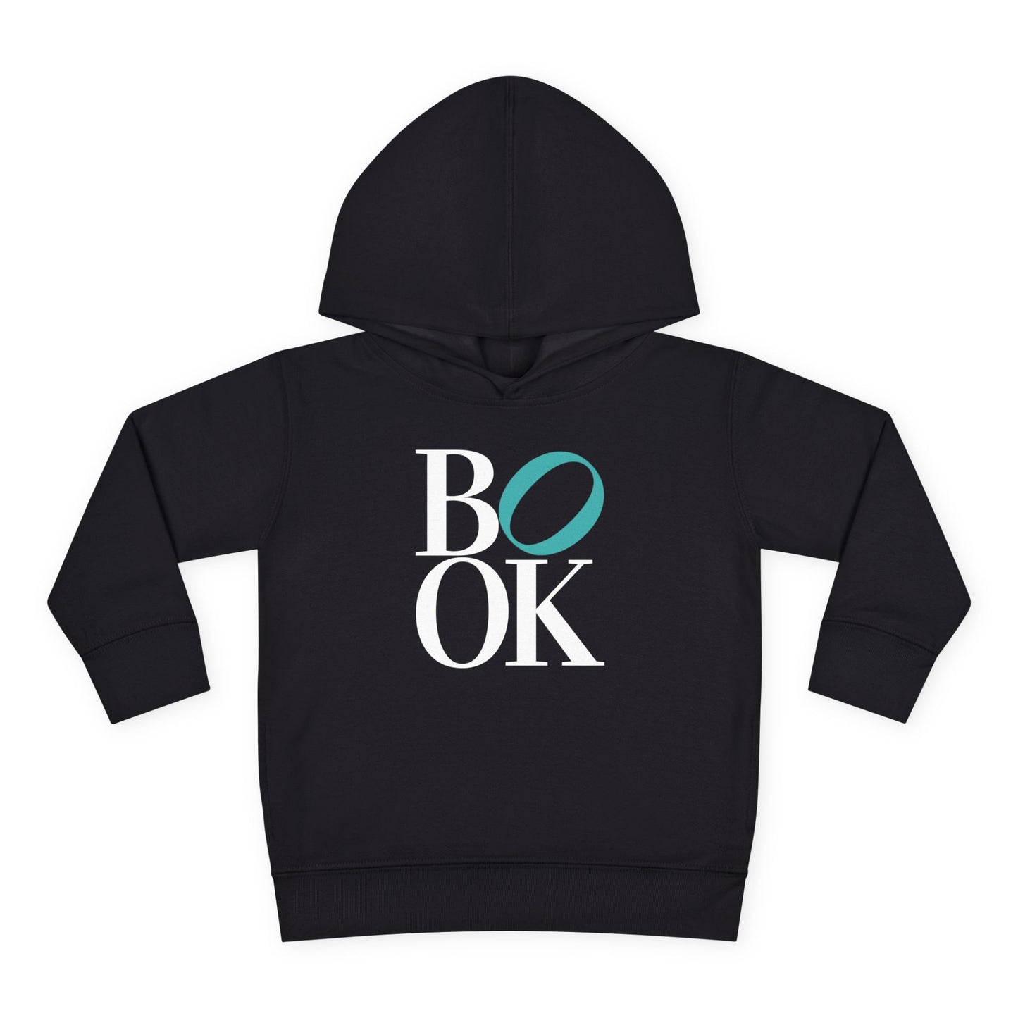 Black hoodie with 'BOOK' text design on a white background