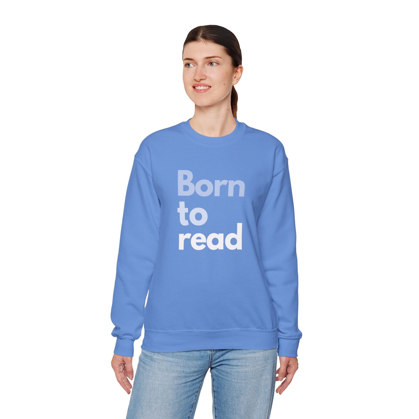 Person wearing a blue sweatshirt with 'Born to read' text on a white background