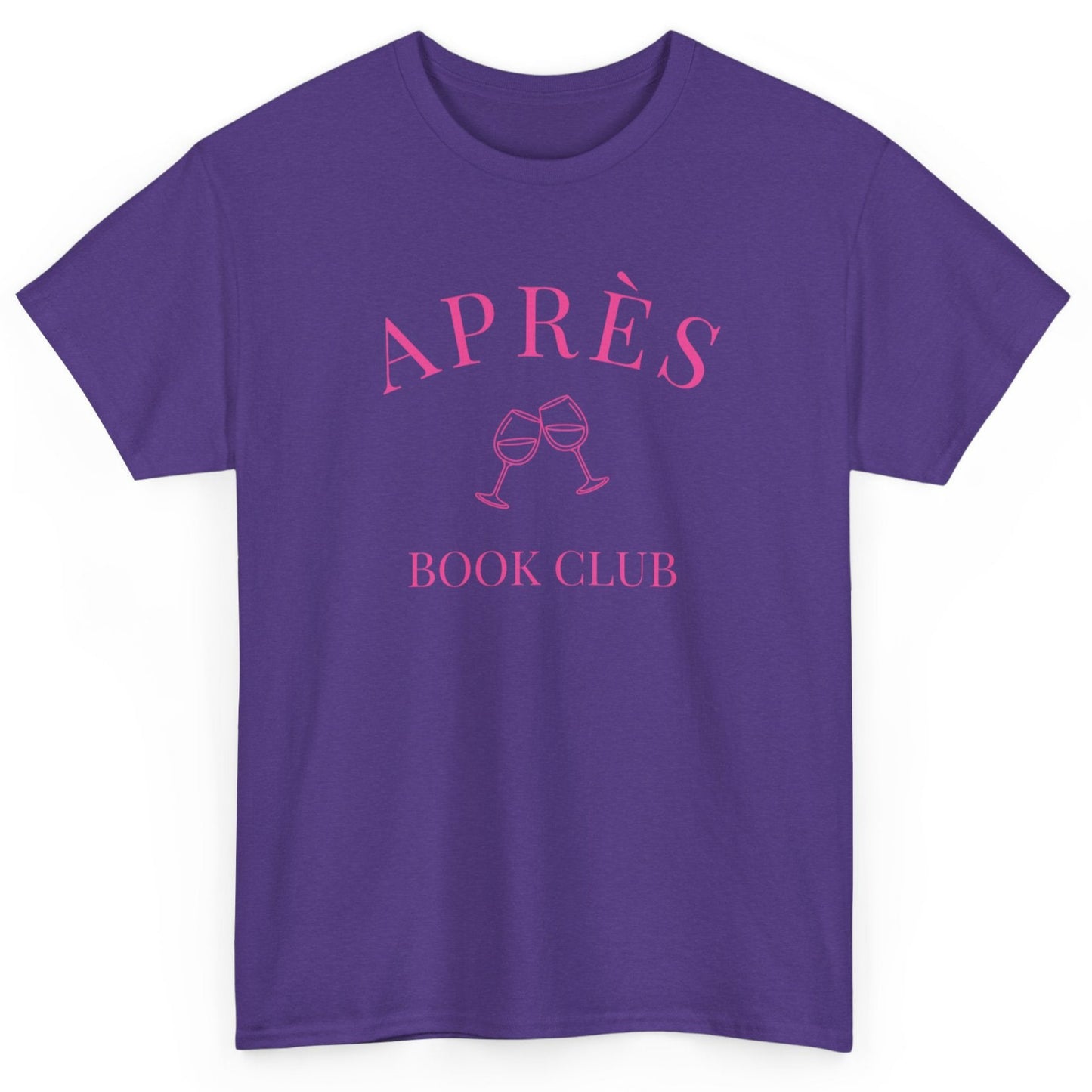 Purple t-shirt with pink 'APRÈS BOOK CLUB' text on a white background