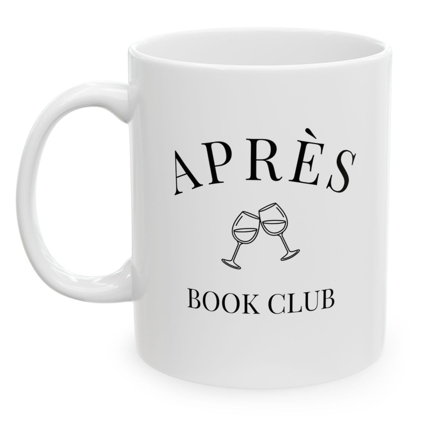 White mug with 'APRÈS BOOK CLUB' text and wine glass illustrations on a white background