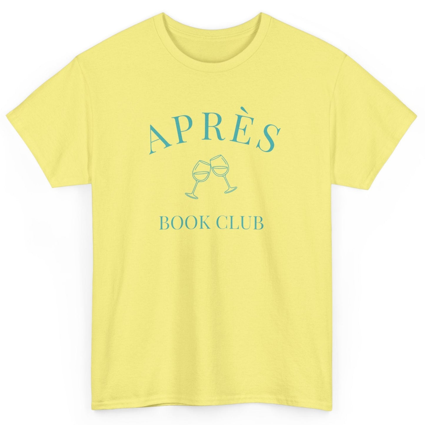 Yellow t-shirt with 'APRÈS BOOK CLUB' text and wine glass graphics on a white background