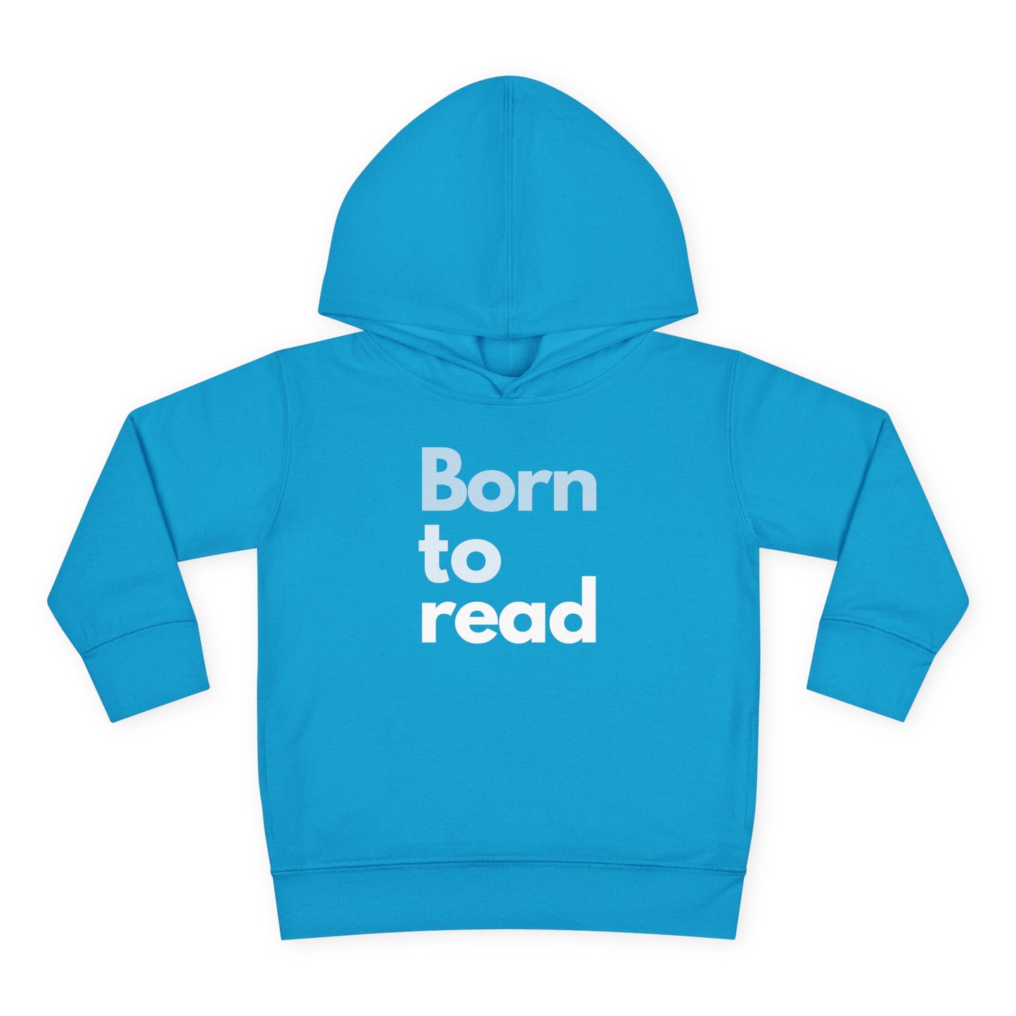 Blue hoodie with 'Born to read' text on a white background