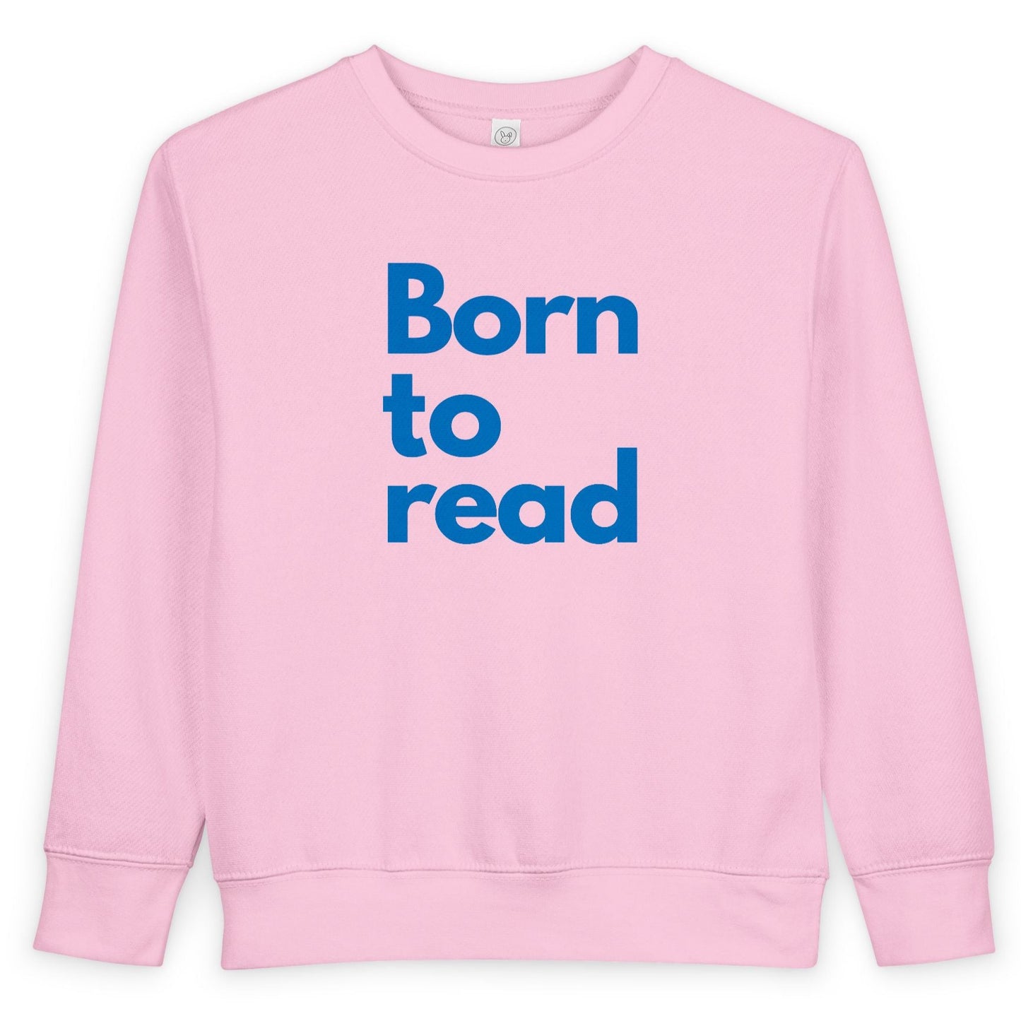 Pink sweatshirt with 'Born to read' text on a white background
