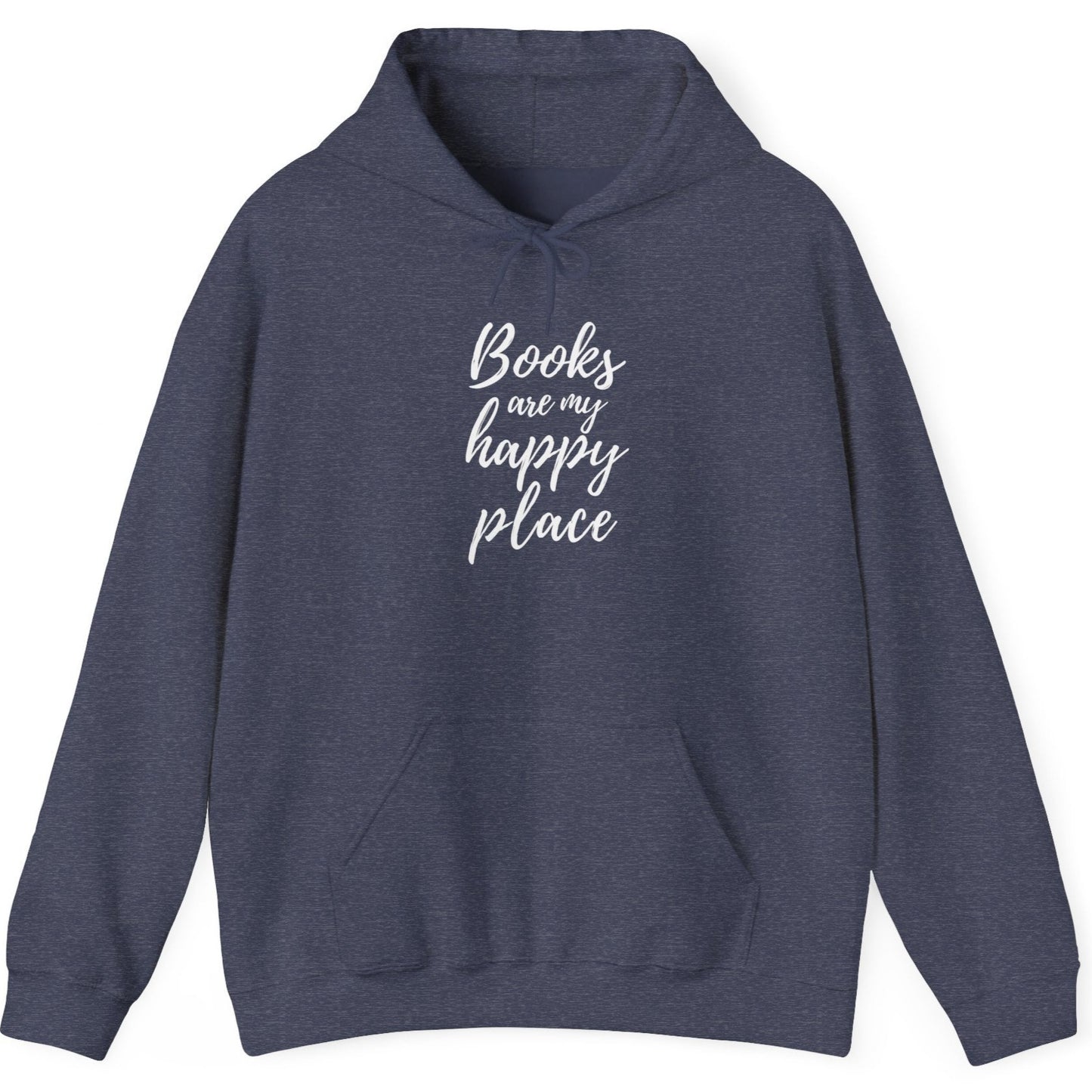 Navy blue hoodie with 'Books are my happy place' text on a white background