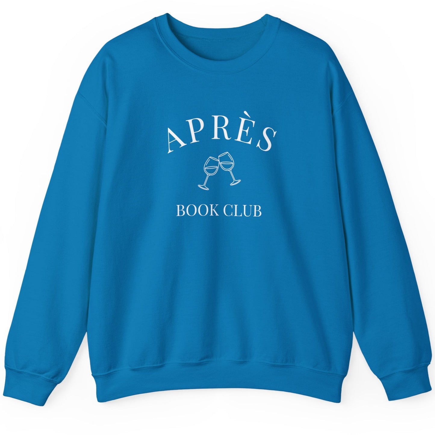 Blue sweatshirt with 'APRèS BOOK CLUB' text and graphic on a white background