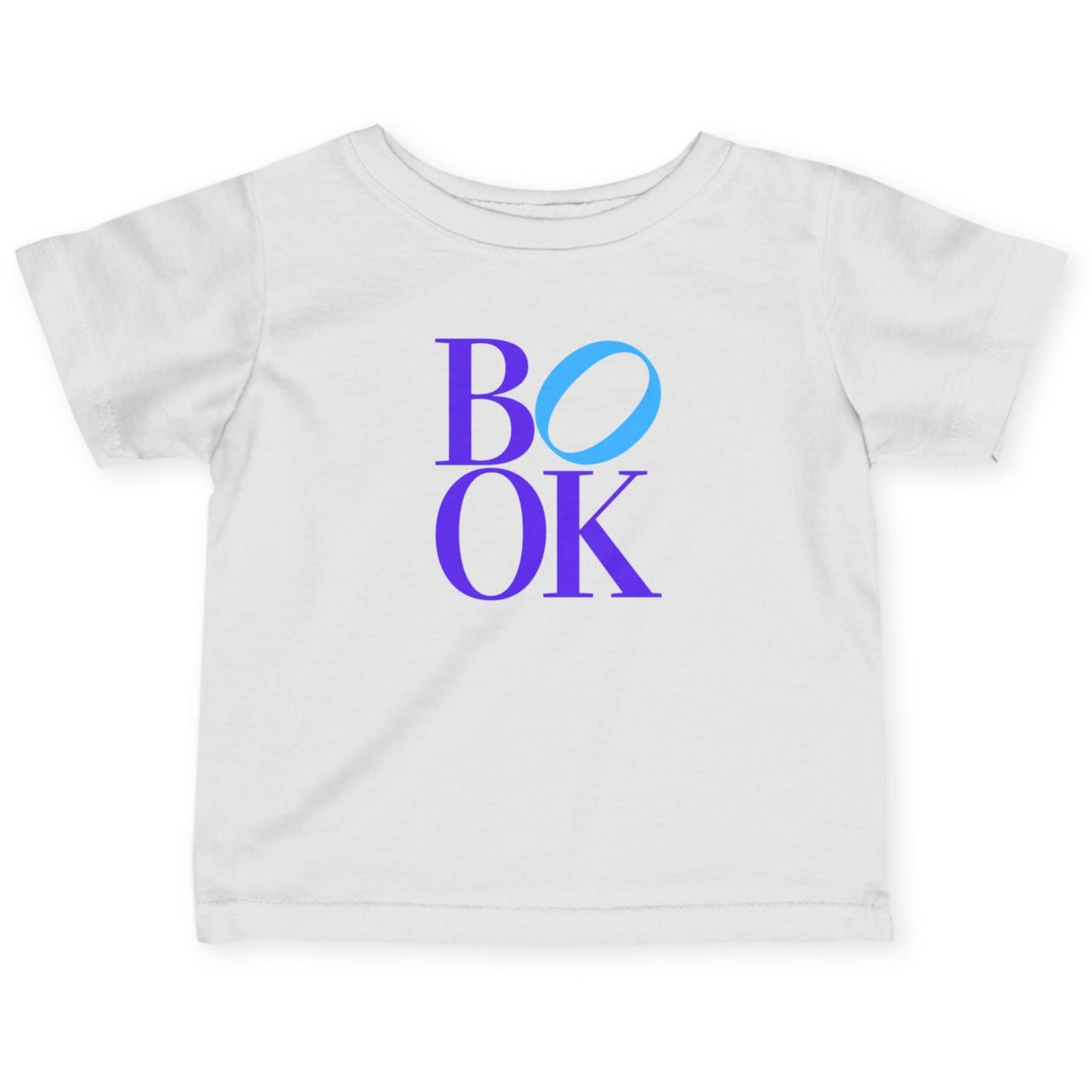 White t-shirt with 'BOOK' printed in blue and purple on a white background