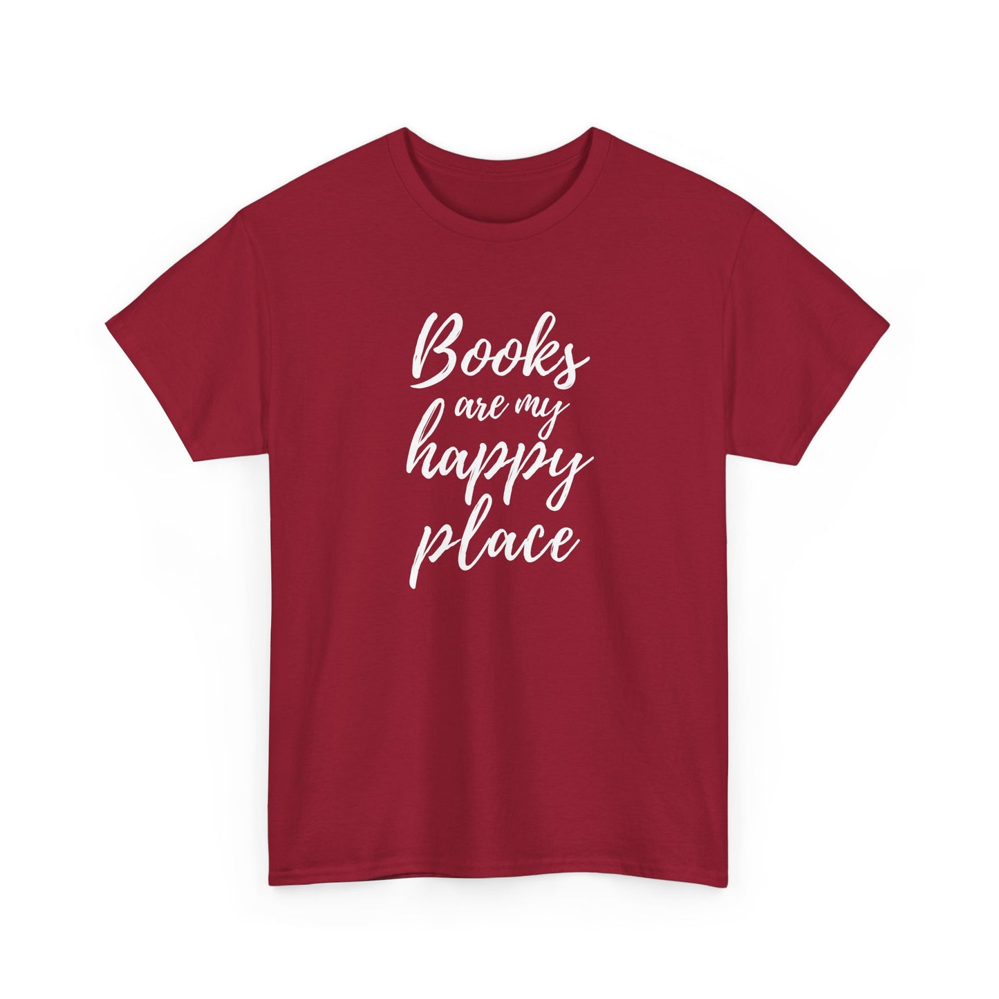 Red t-shirt with 'Books are my happy place' text on a white background