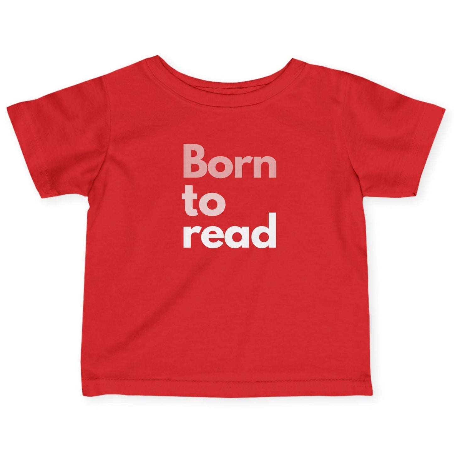Red t-shirt with 'Born to read' text on a white background