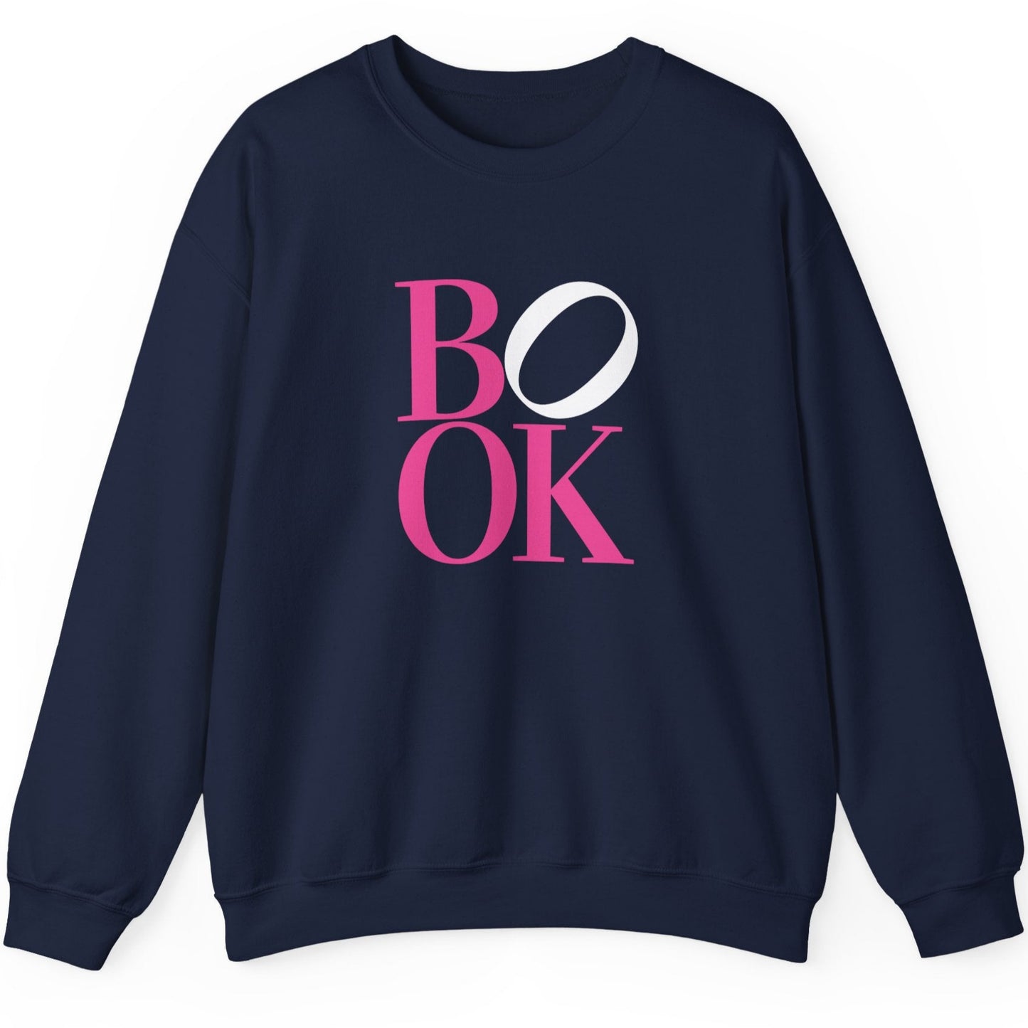 Navy blue sweatshirt with 'BOOK' printed in pink and white on a white background