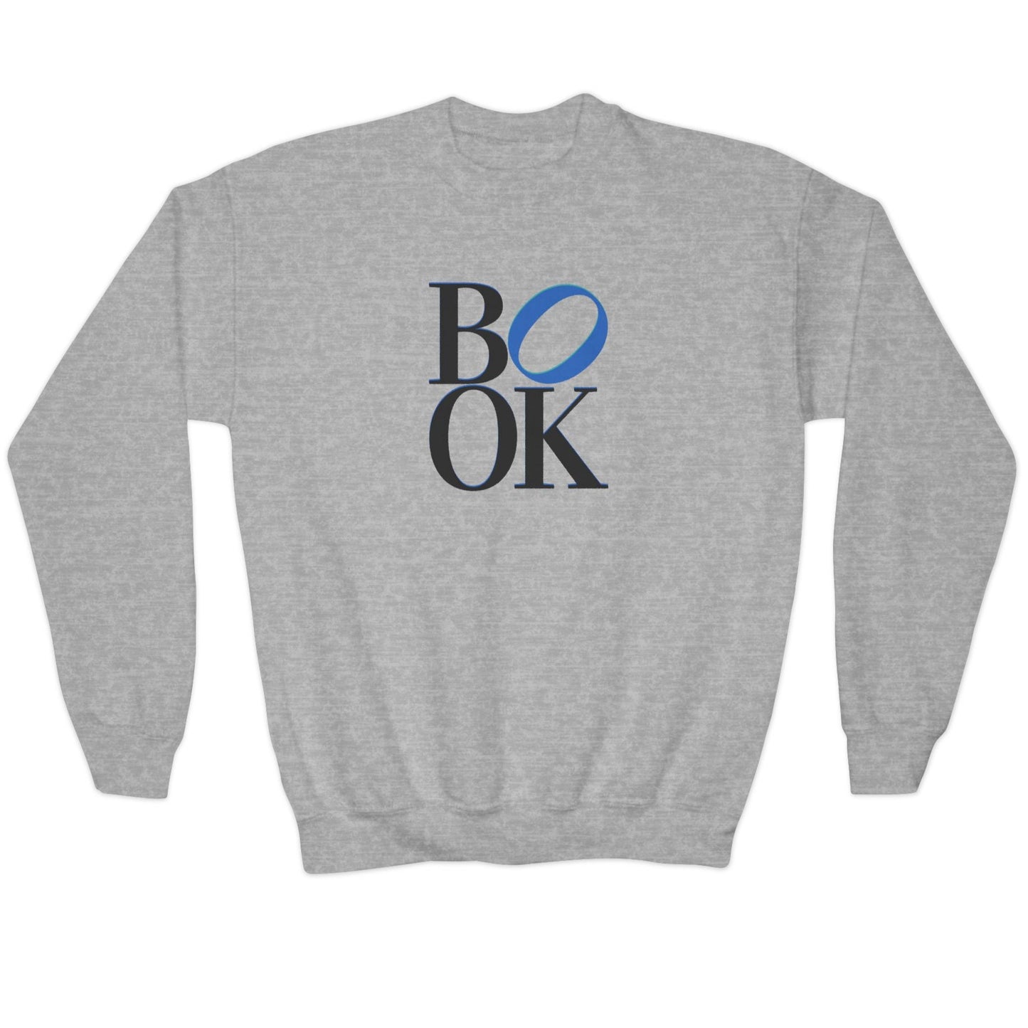 Gray sweatshirt with 'BOOK' text on the back against a white background