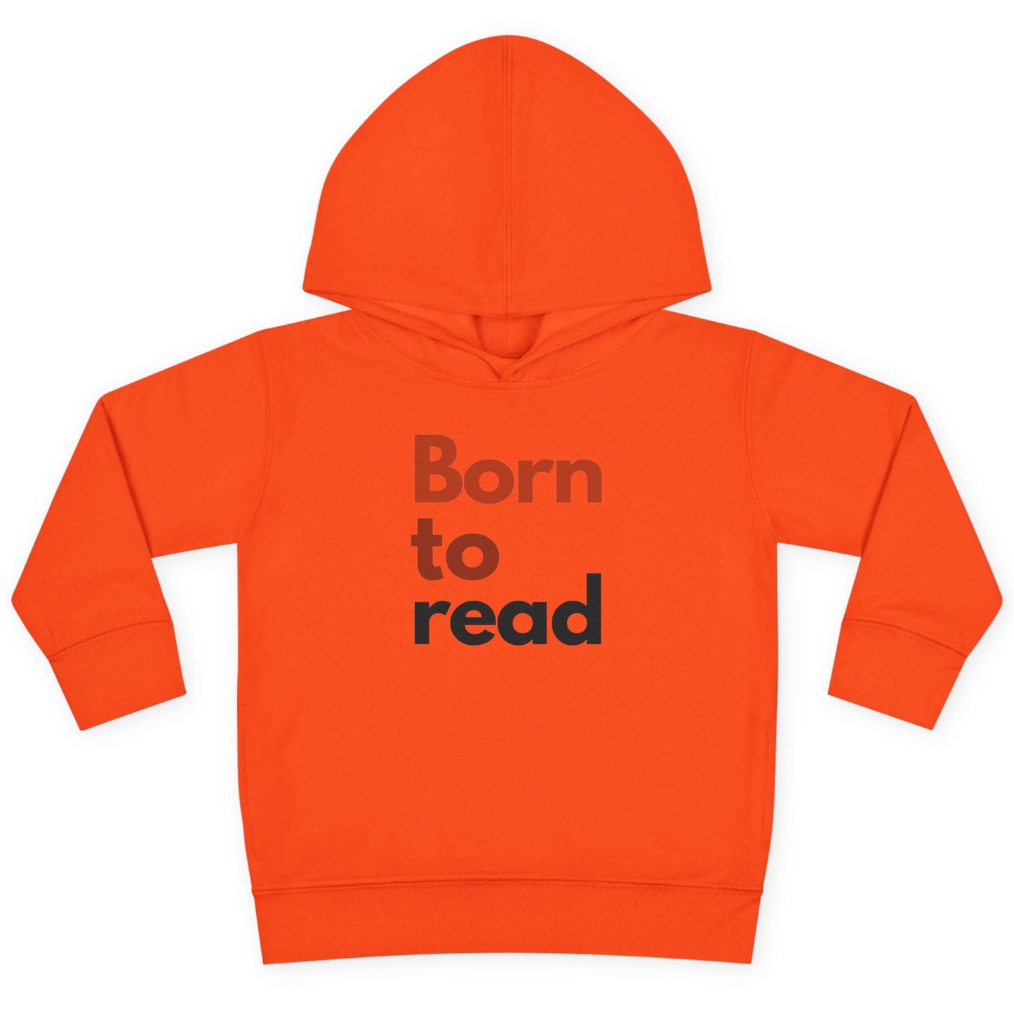 Orange hoodie with 'Born to read' text on a white background
