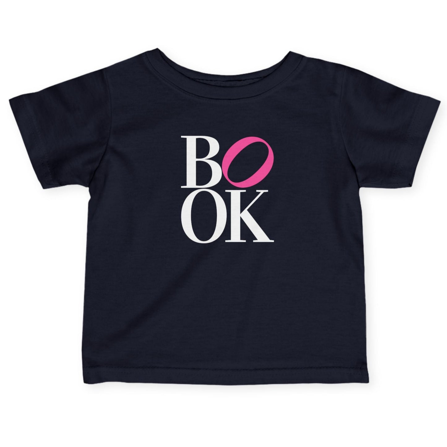 Black t-shirt with 'BOOK' text design on a white background