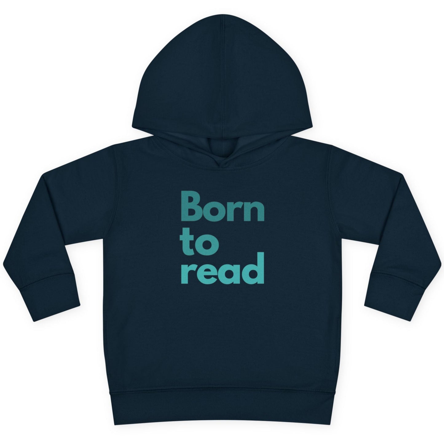 Navy blue hoodie with 'Born to read' text on a white background