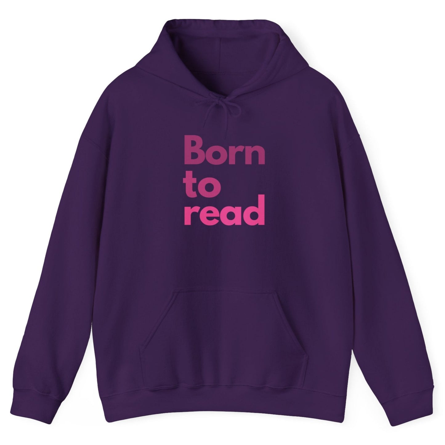Purple hoodie with 'Born to read' text on a white background
