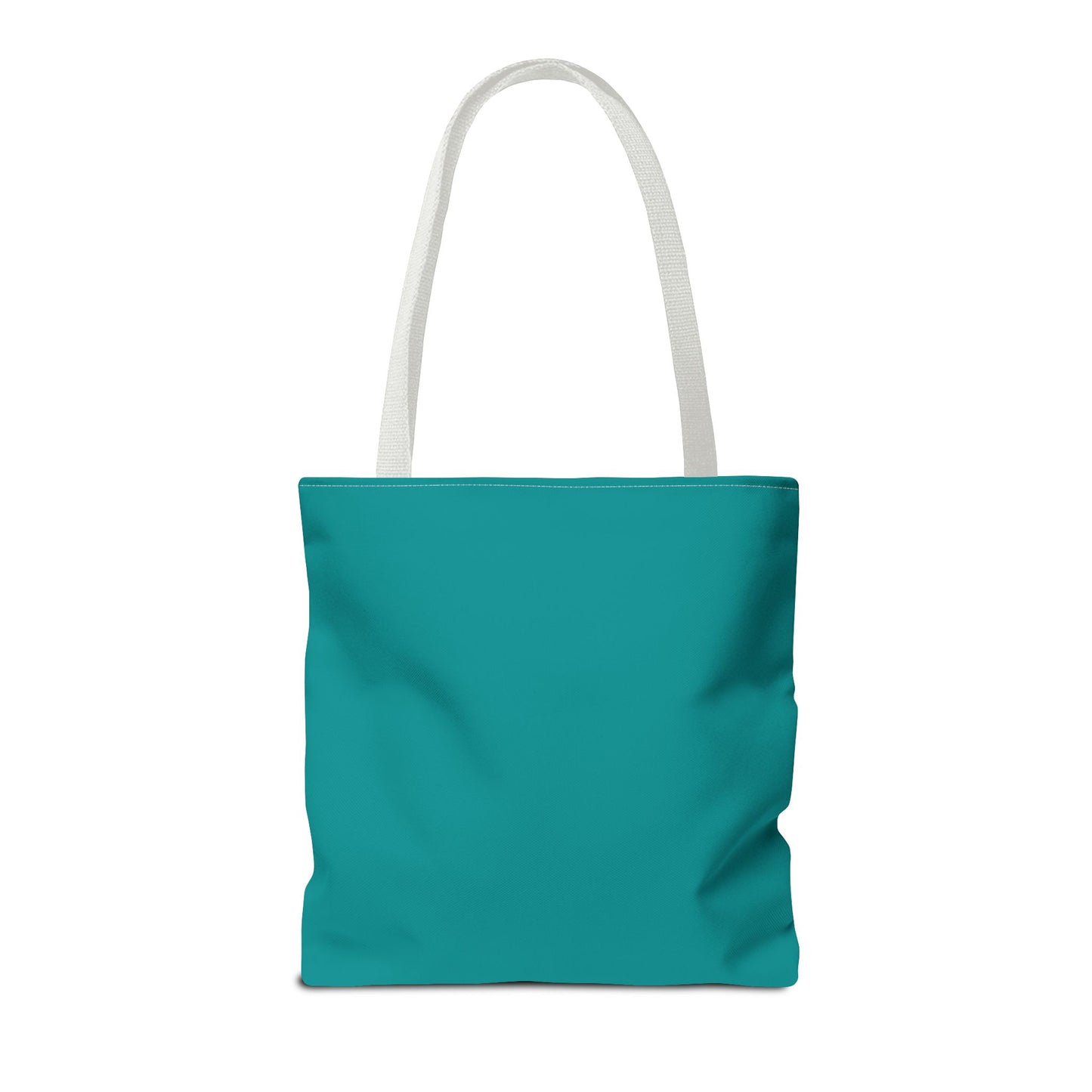 Teal tote bag with a white handle on a white background