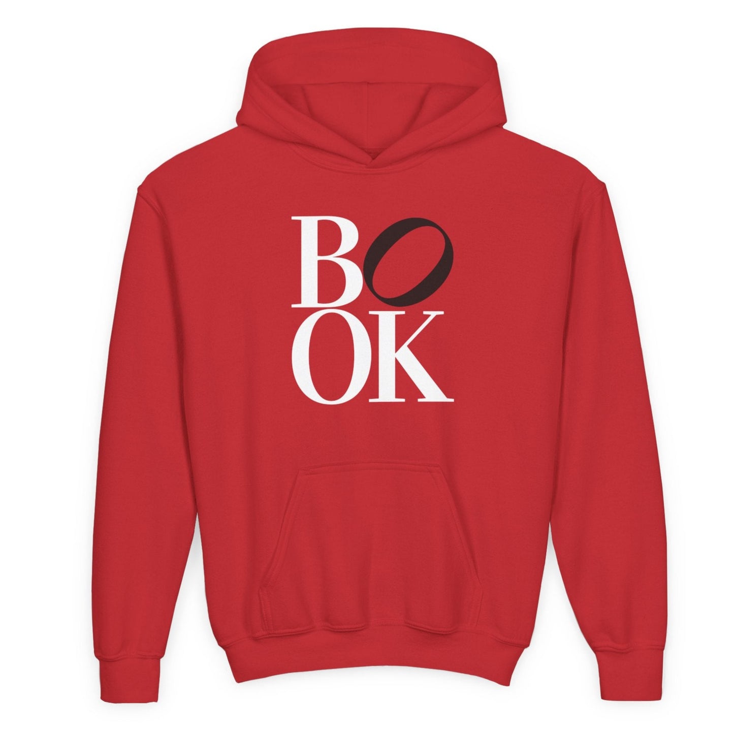Red hoodie with 'BOOK' printed on the back against a white background