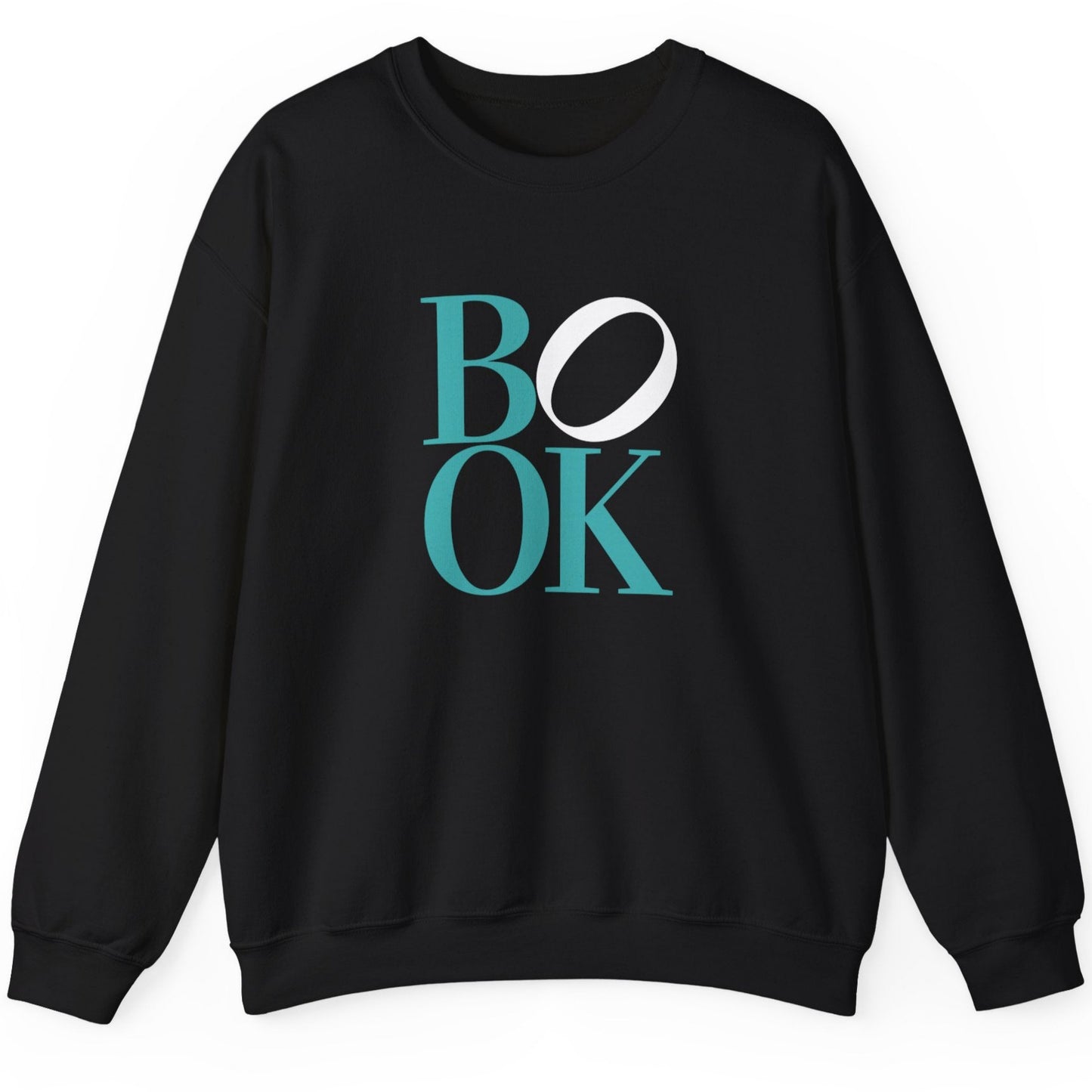 Black sweatshirt with 'BOOK' printed in teal and white on a white background