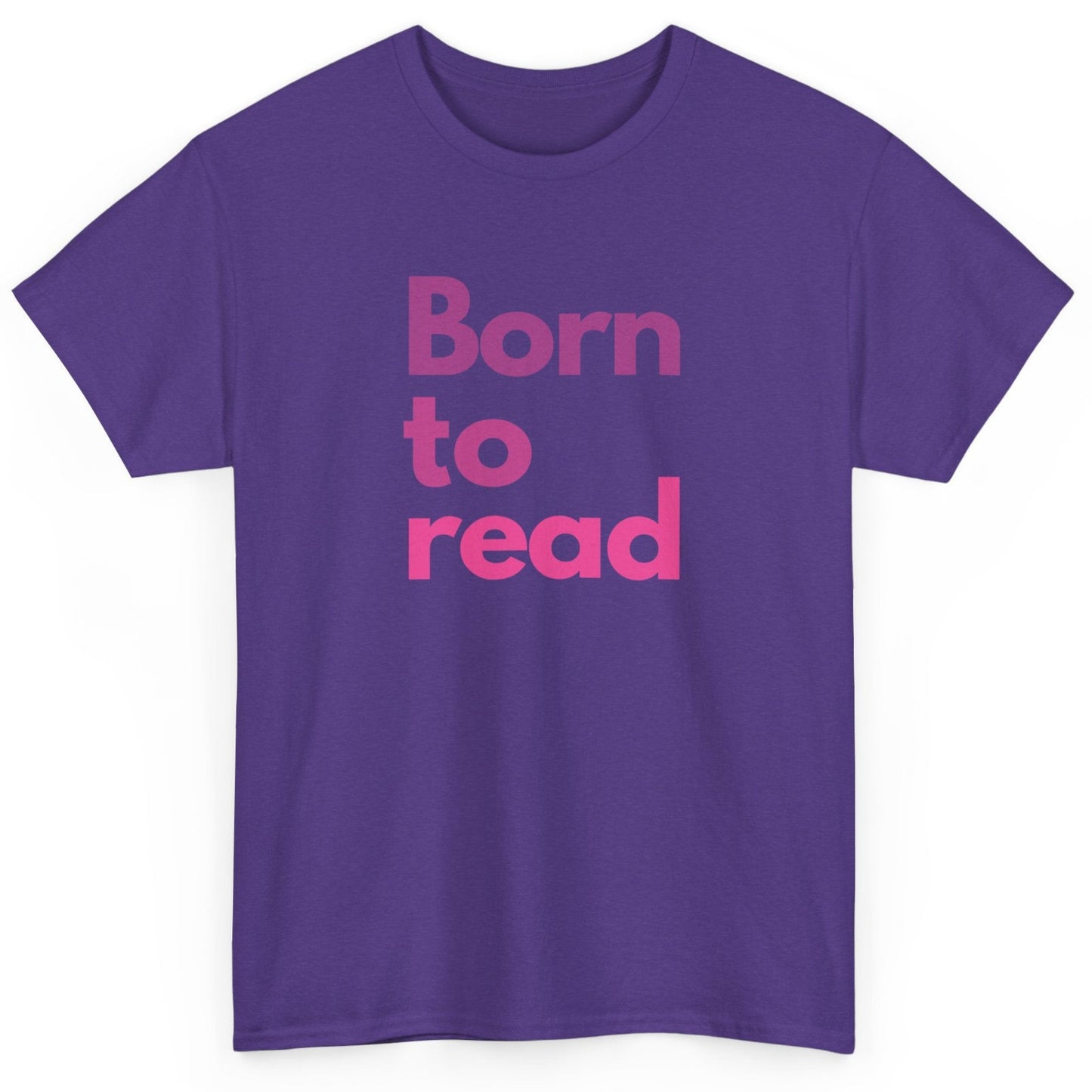 Purple t-shirt with 'Born to read' text in pink on a white background