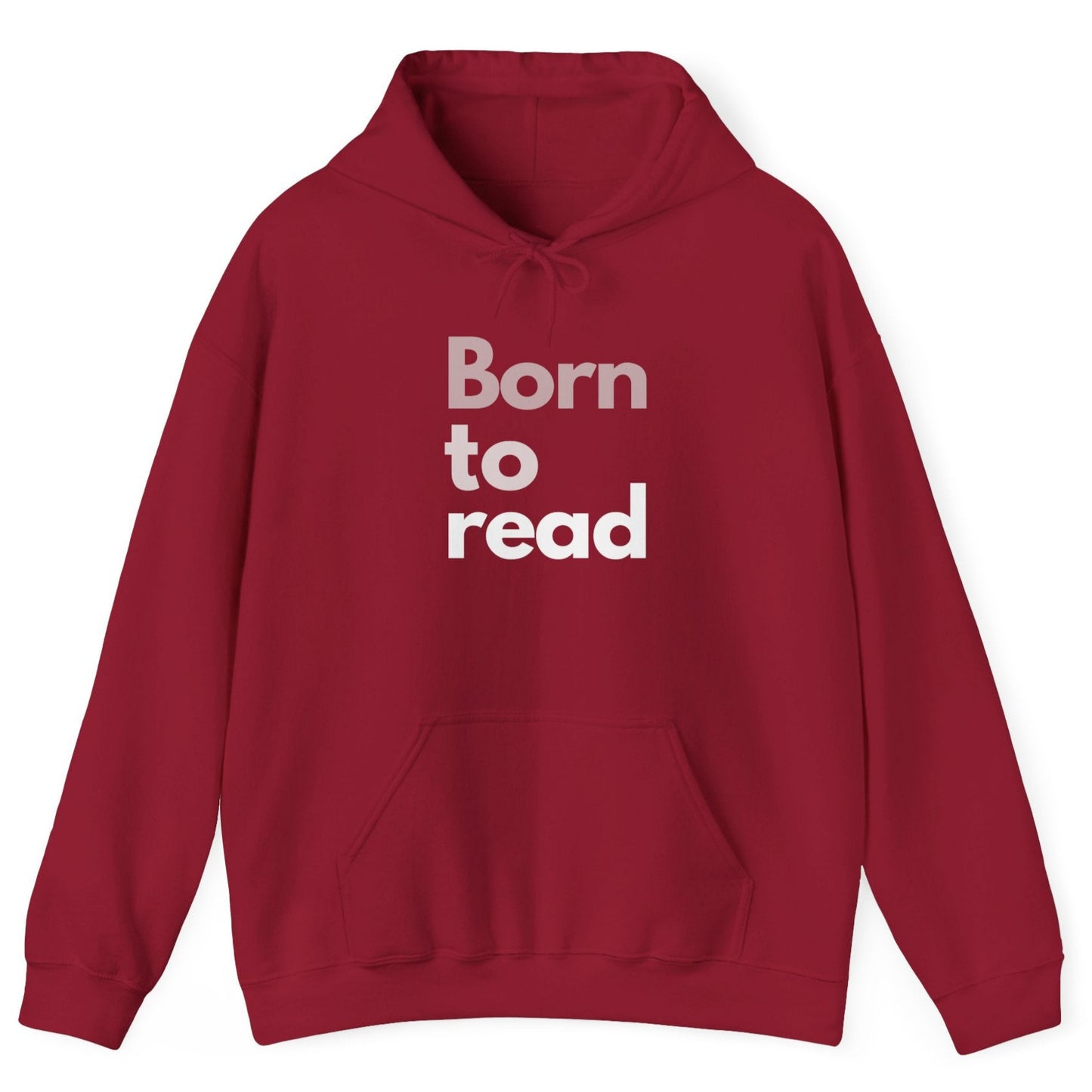 Red hoodie with 'Born to read' text on a white background