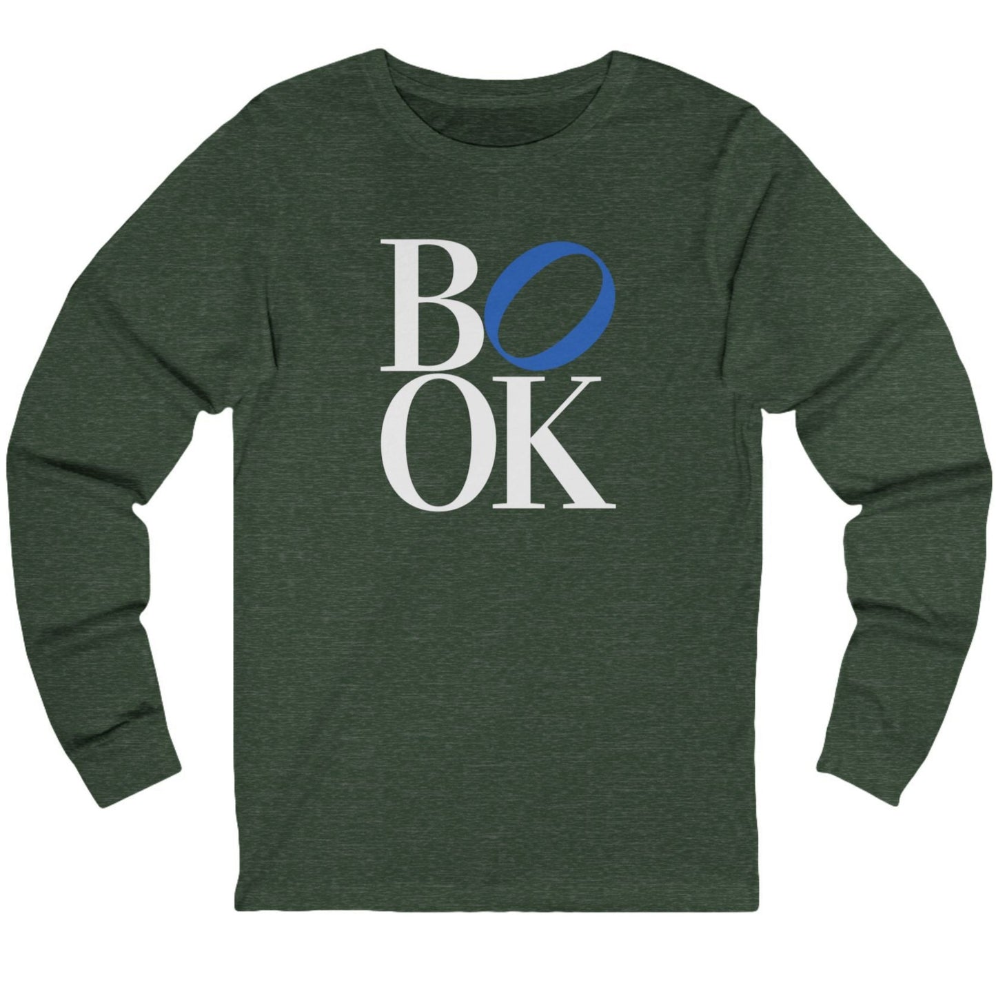 Green long-sleeve shirt with 'BOOK' print on a white background