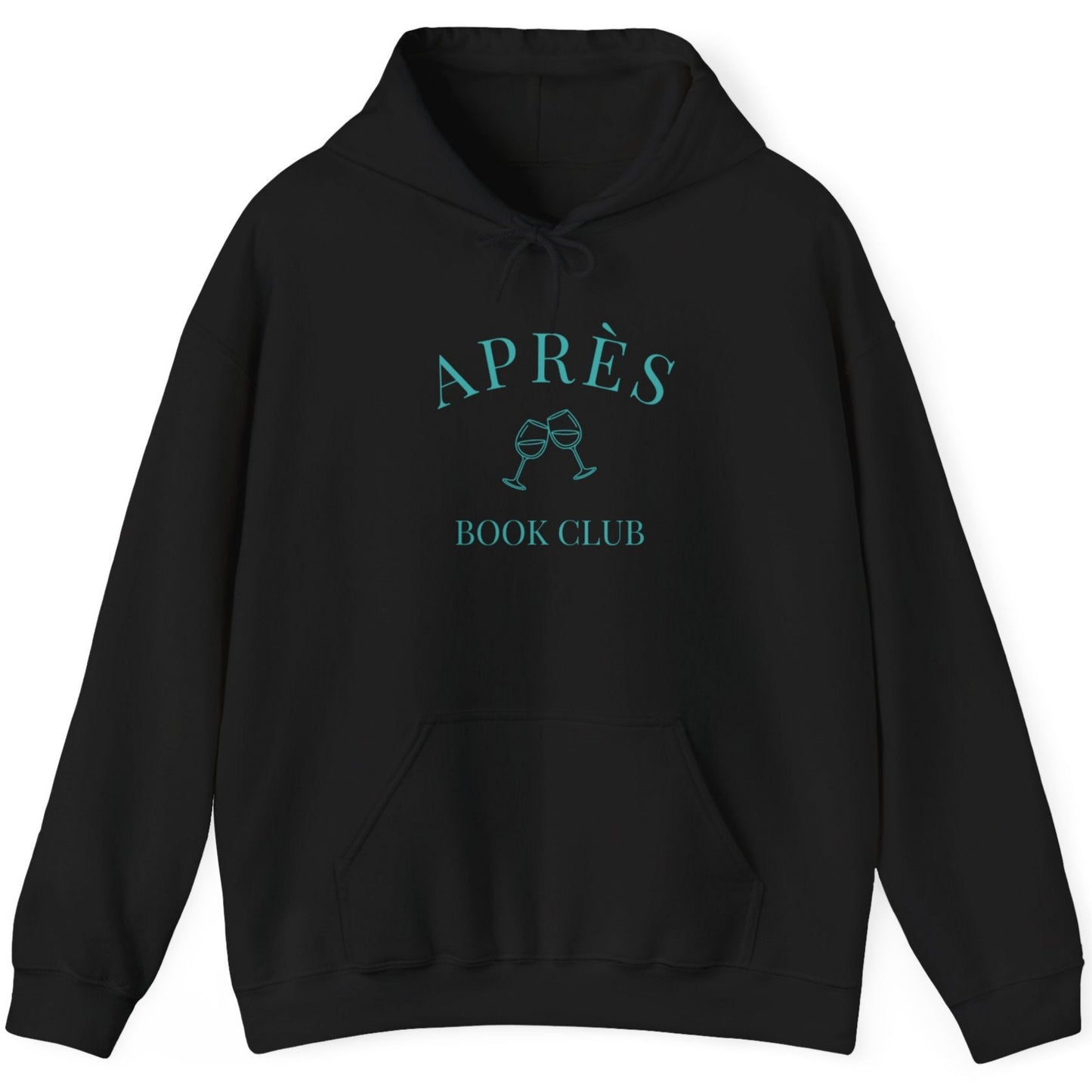 Black hoodie with 'APRèS BOOK CLUB' text and design on a white background