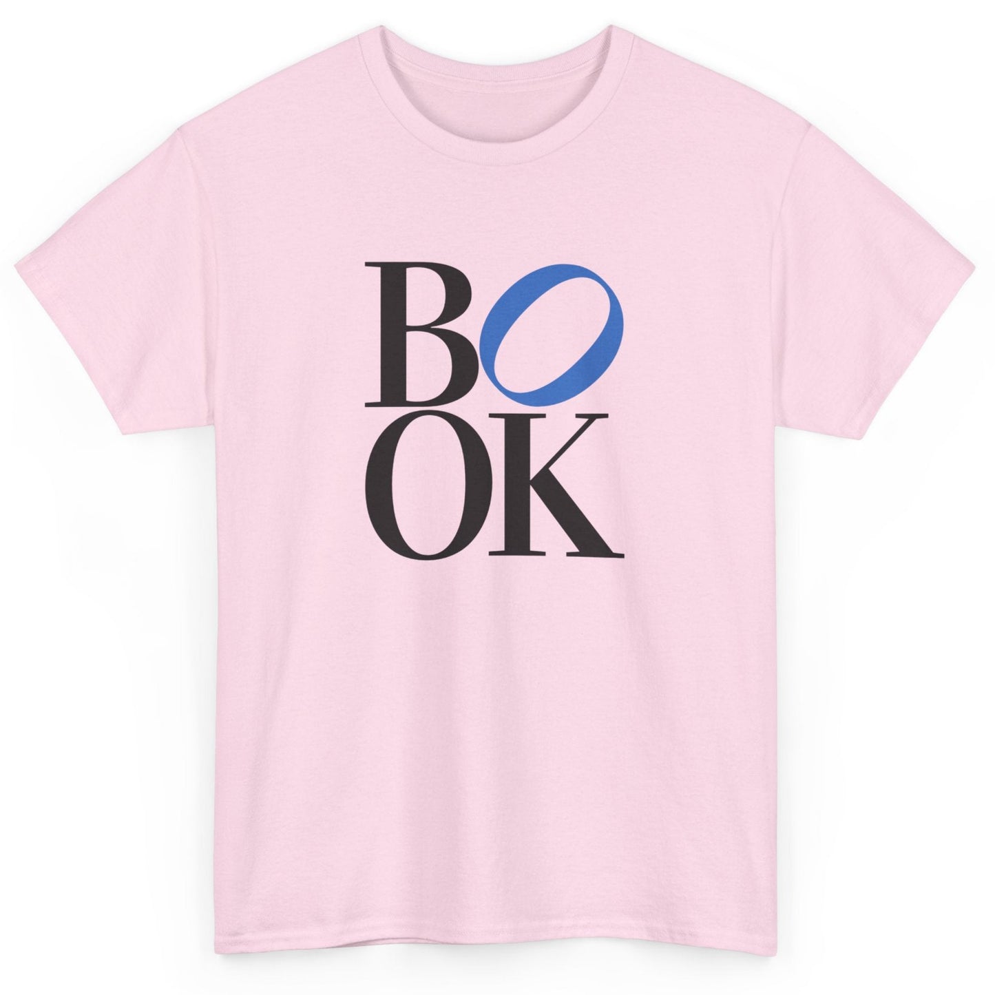 Pink t-shirt with 'BOOK' text design on a white background