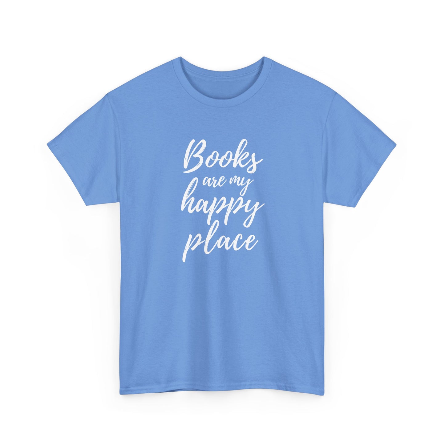 Blue t-shirt with 'Books are my happy place' text on a white background
