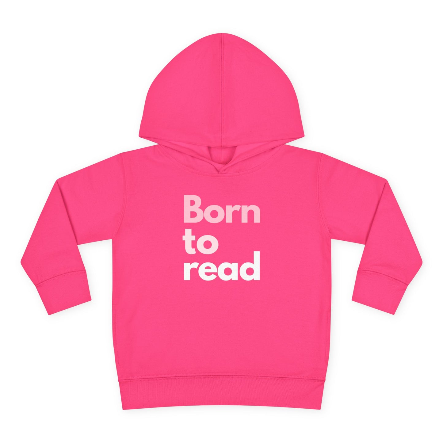 Pink hoodie with 'Born to read' text on a white background
