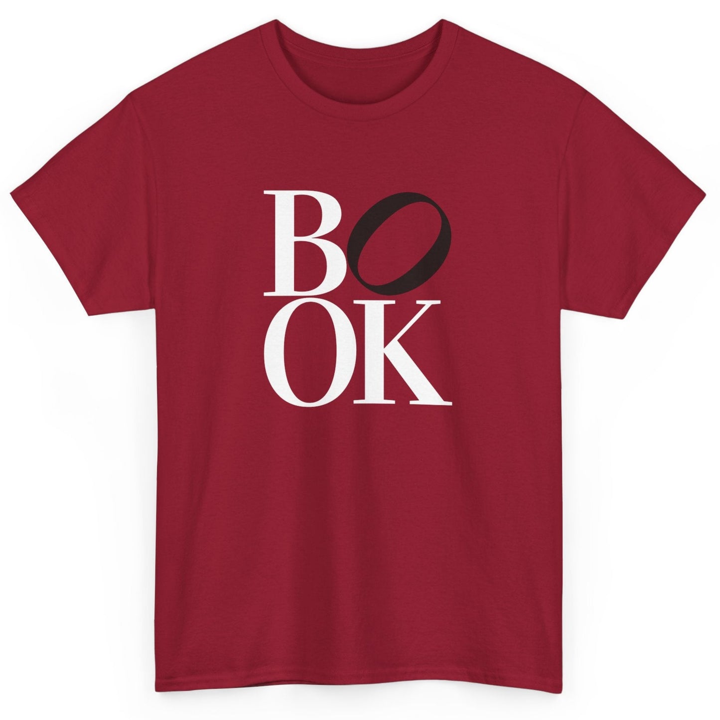 Red t-shirt with 'BOOK' text on a white background