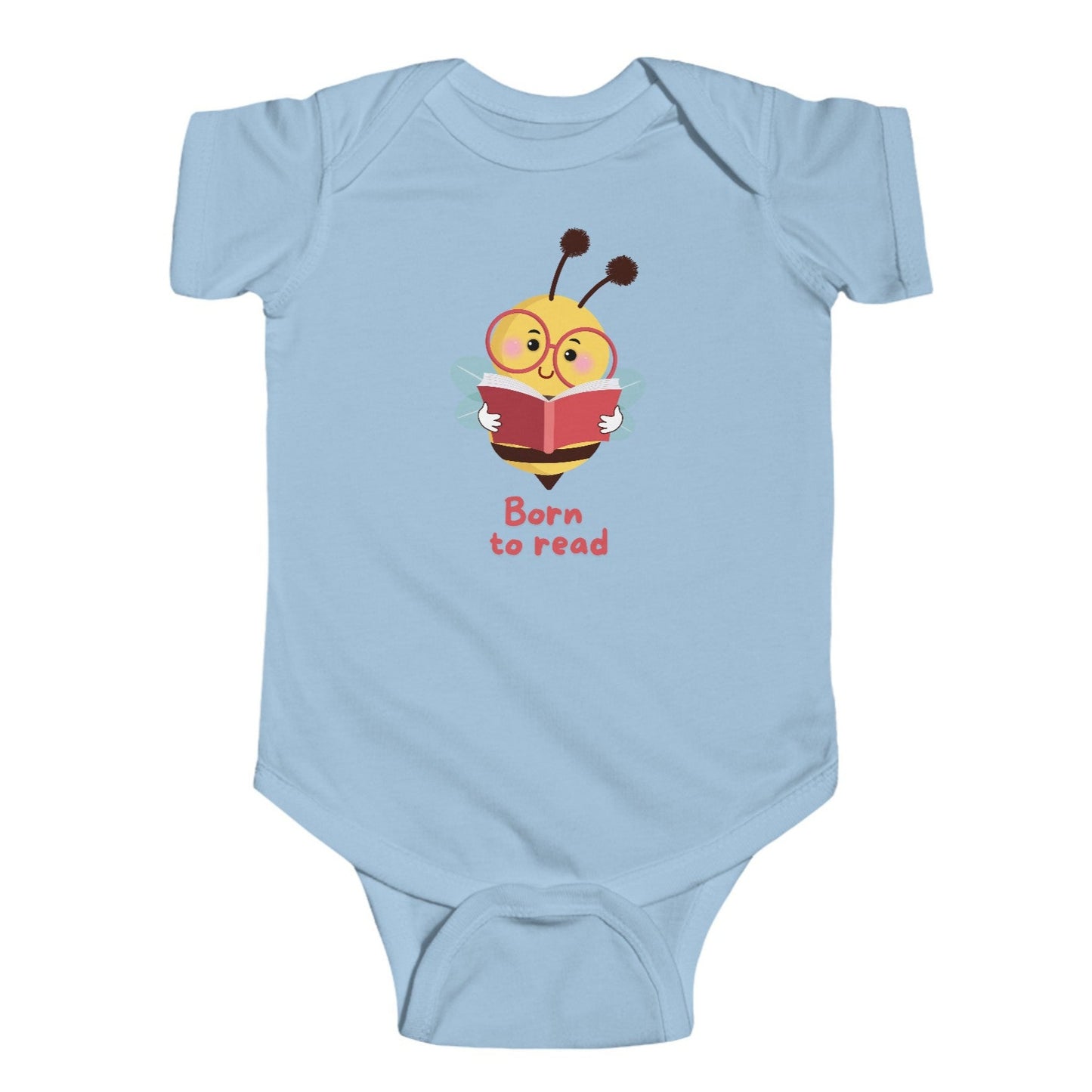 blue infant onesie with 'bee' design