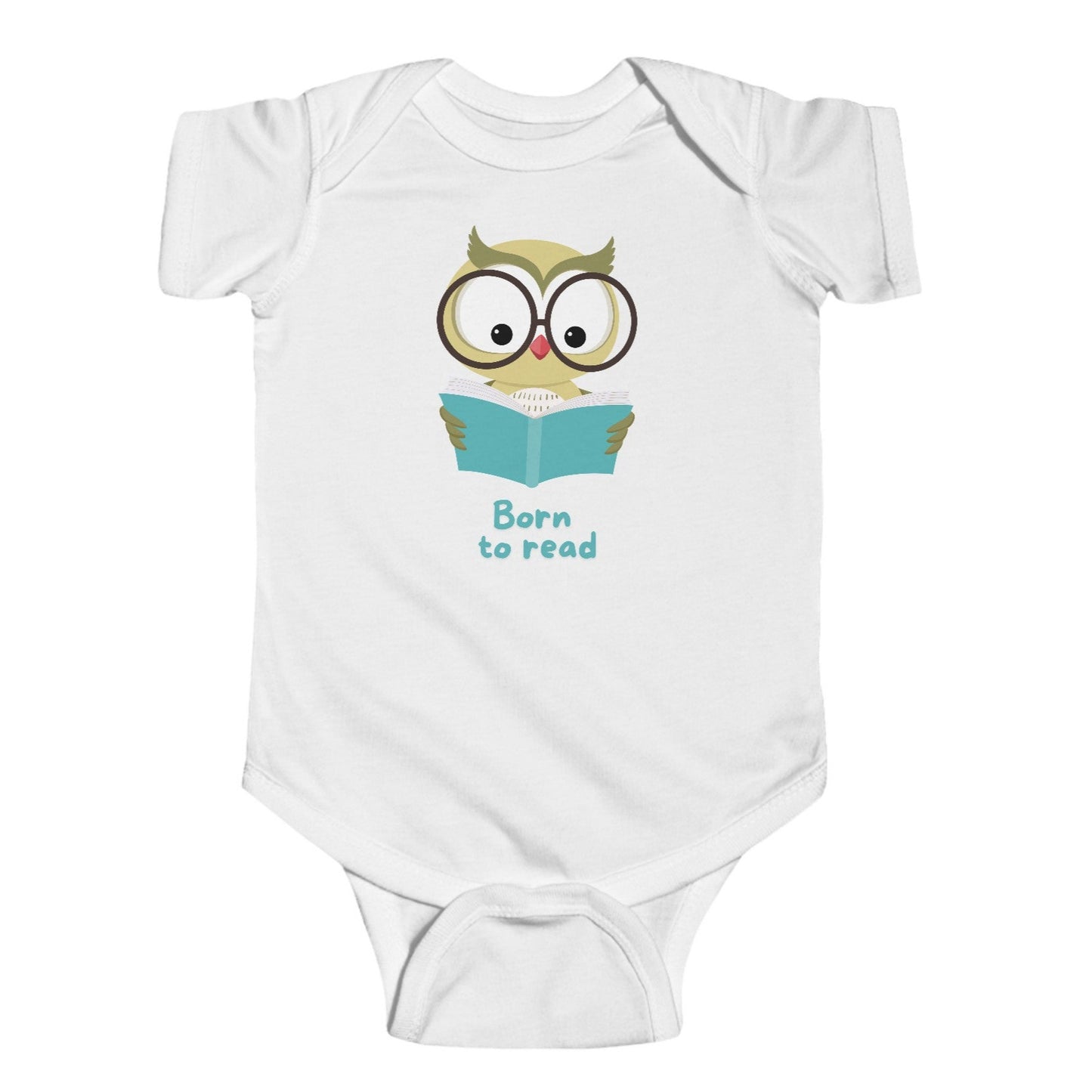White onesie with a graphic of an owl holding a book and the phrase 'Born to read' printed above.