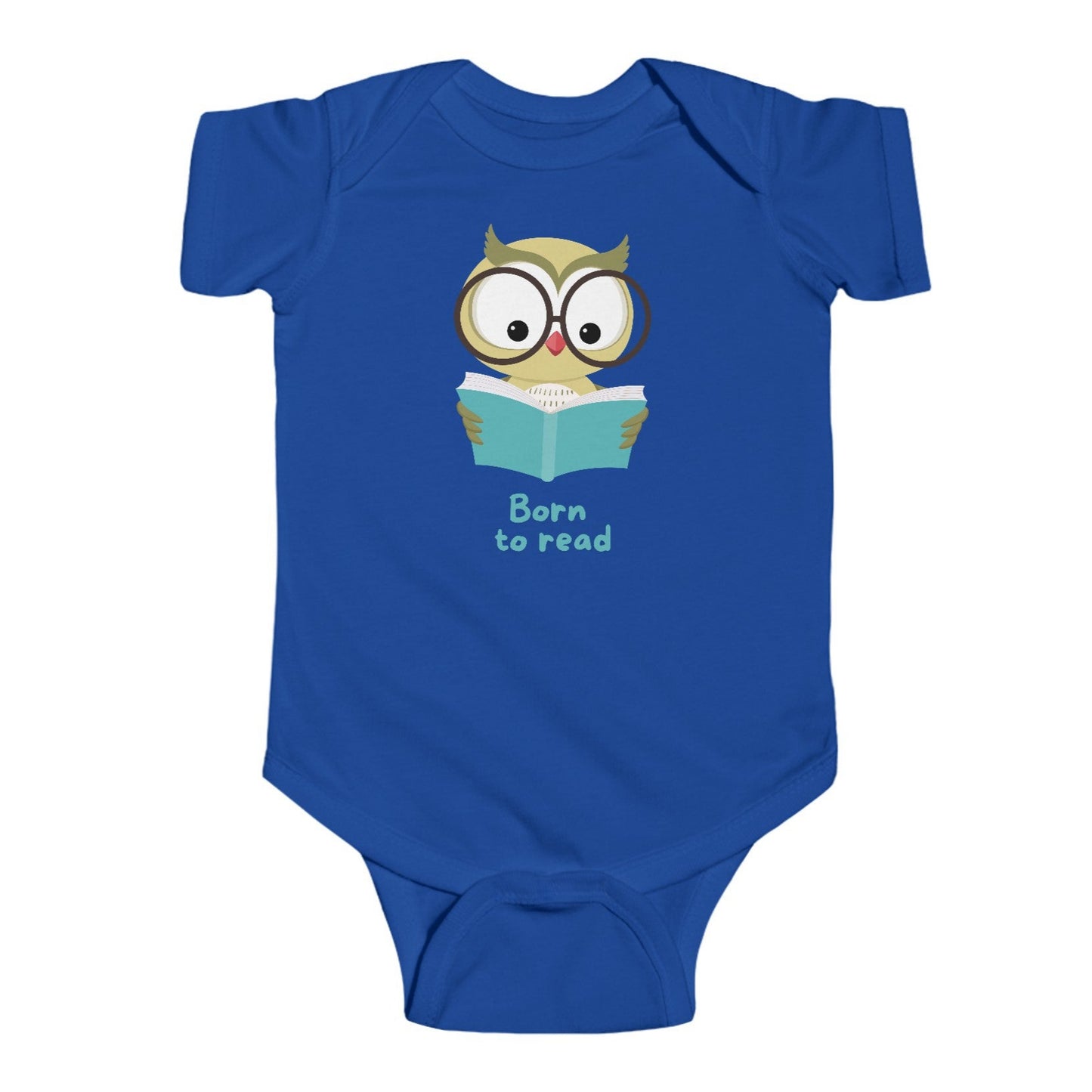 White onesie with a graphic of an owl holding a book and the phrase 'Born to read' printed above.