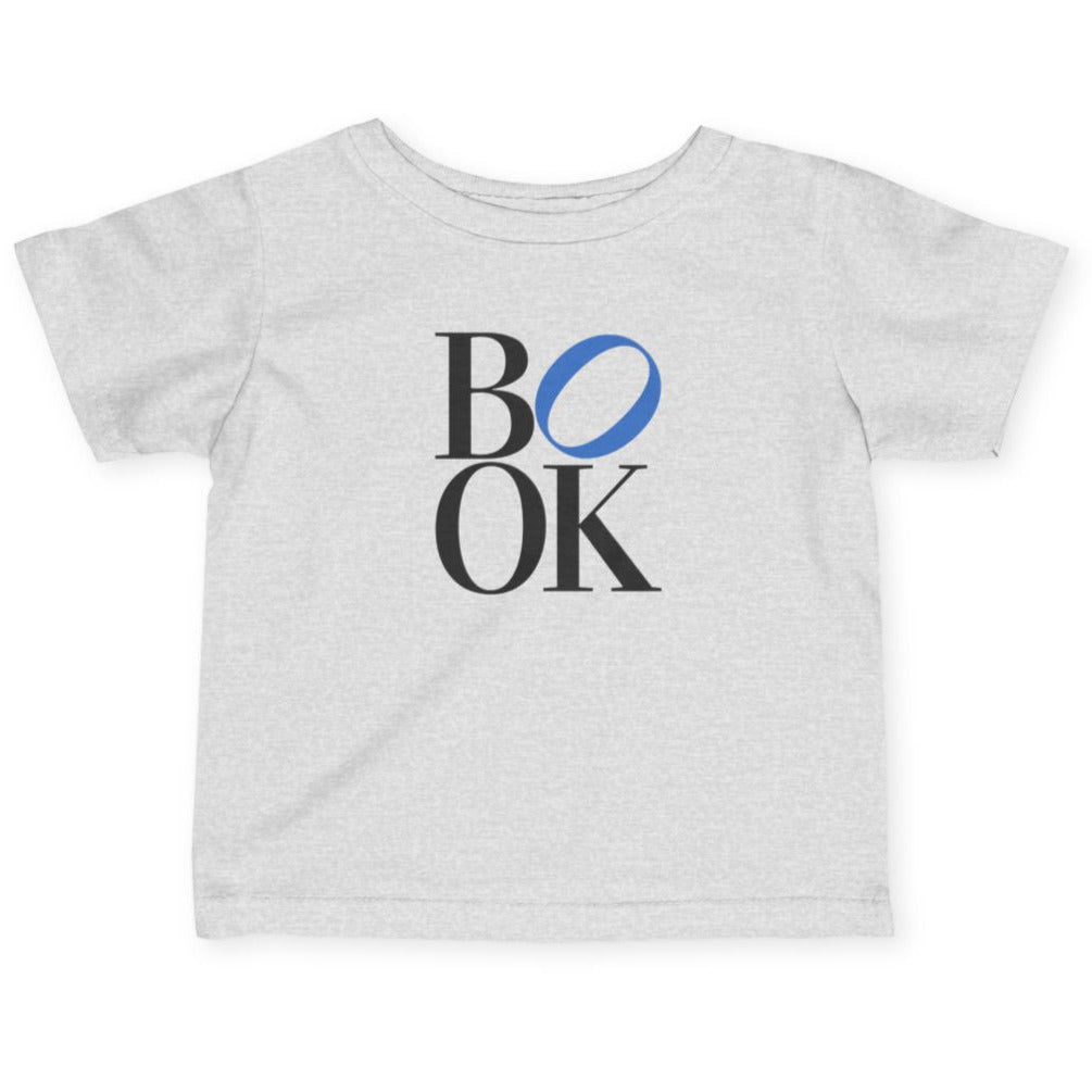 Gray t-shirt with 'BOOK' printed on it against a white background