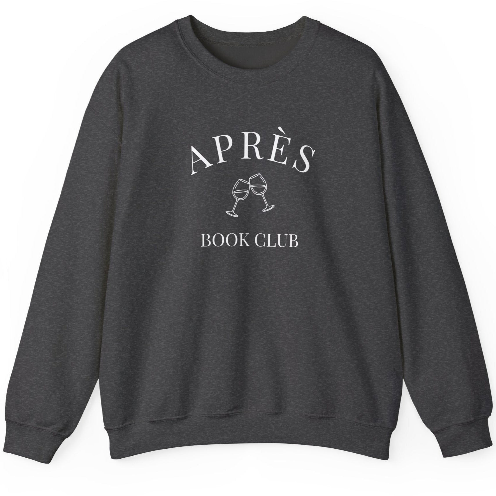 Dark gray sweatshirt with 'Apres Book Club' text and graphics on a white background