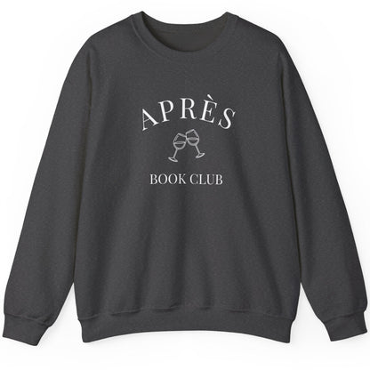 Dark gray sweatshirt with 'Apres Book Club' text and graphics on a white background