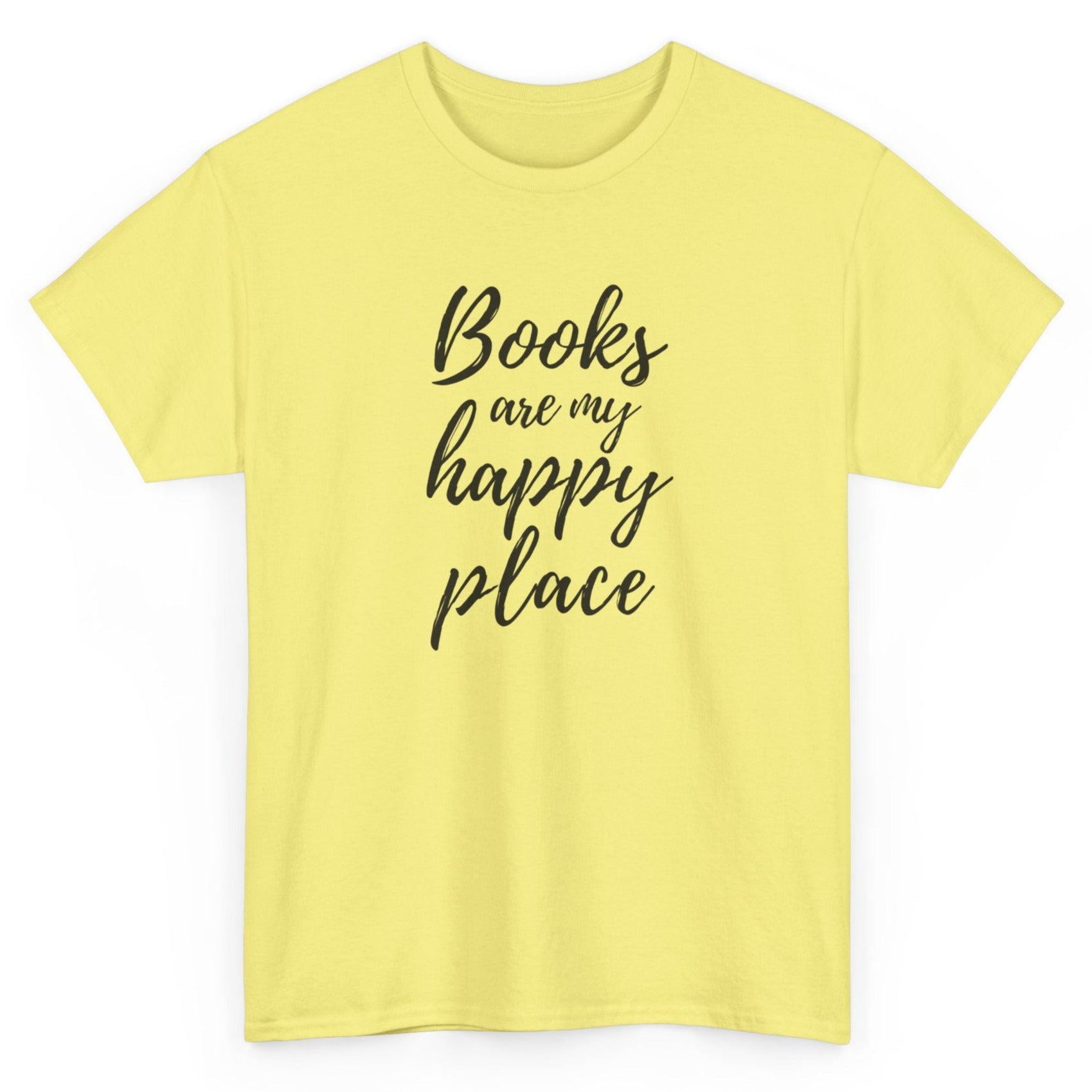 Yellow t-shirt with 'Books are my happy place' text on a white background