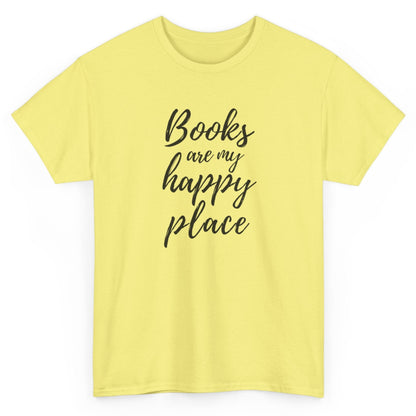 Yellow t-shirt with 'Books are my happy place' text on a white background