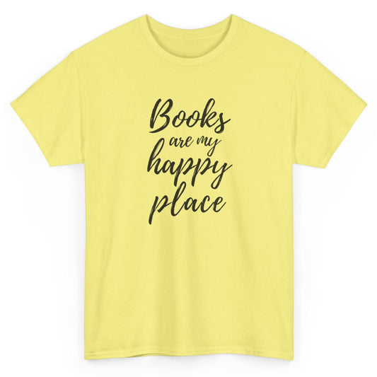 Yellow t-shirt with 'Books are my happy place' text on a white background