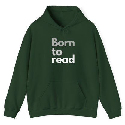 Green hoodie with 'Born to read' text on a white background
