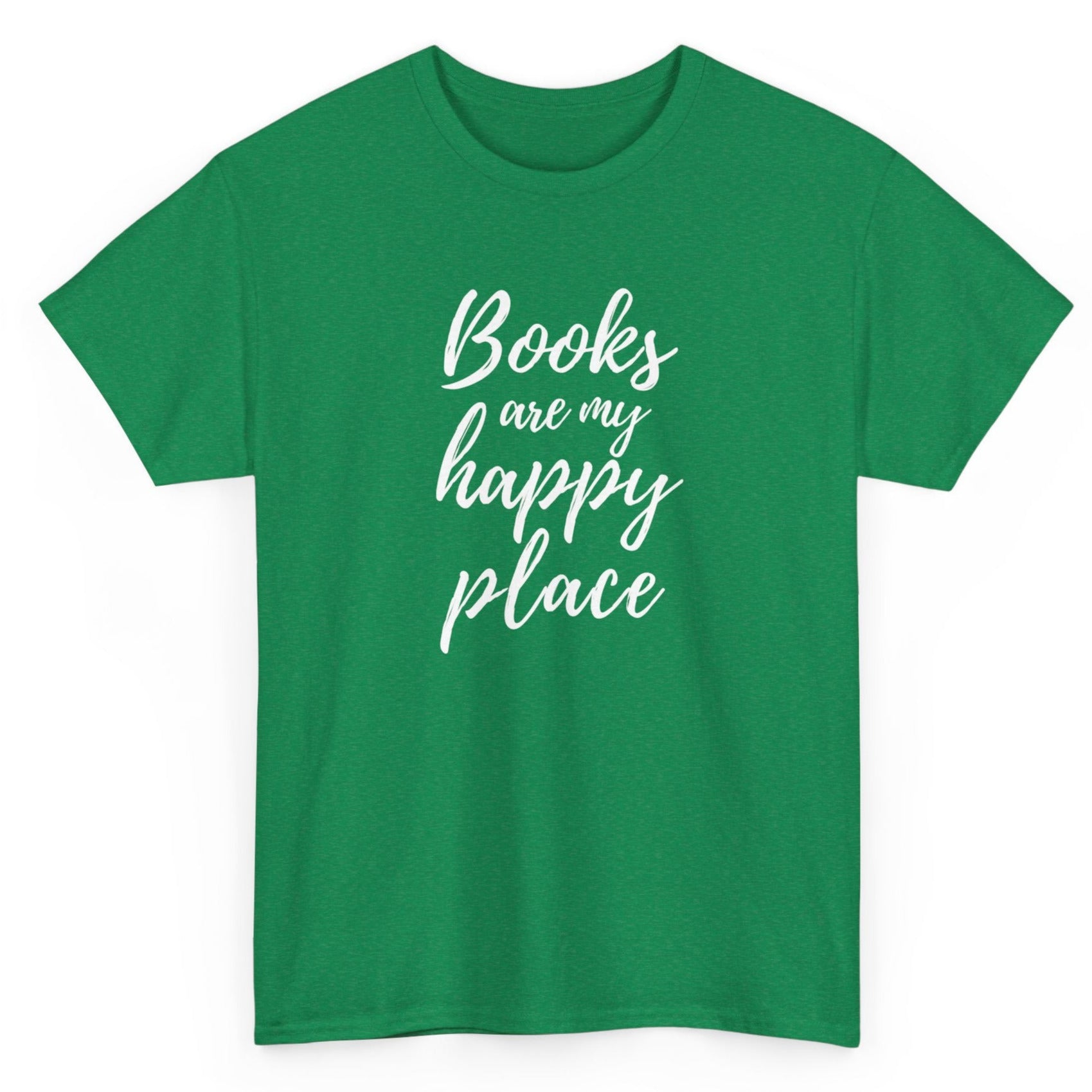 Green t-shirt with 'Books are my happy place' text on a white background