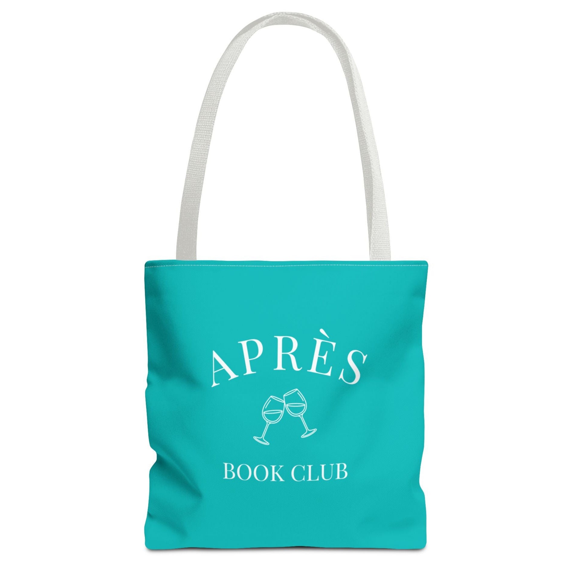 Turquoise tote bag with 'APRÈS BOOK CLUB' text and graphics on a white background