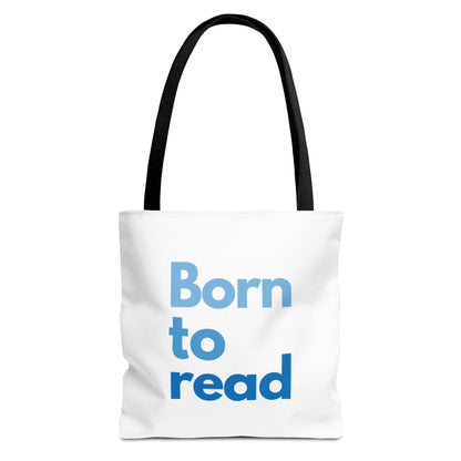 White tote bag with 'Born to read' text in blue on a white background