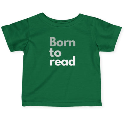 Green t-shirt with 'Born to read' text on a white background