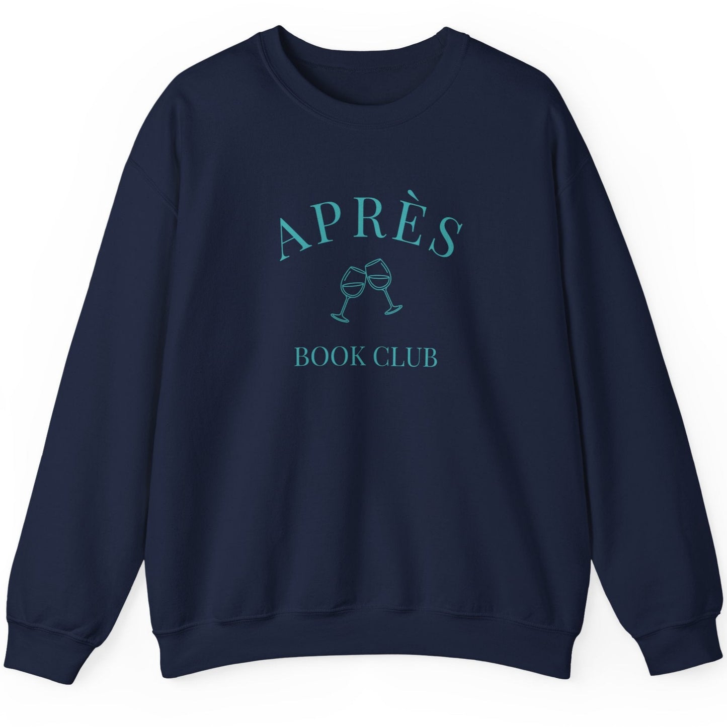 Navy blue sweatshirt with 'APRèS BOOK CLUB' text on a white background