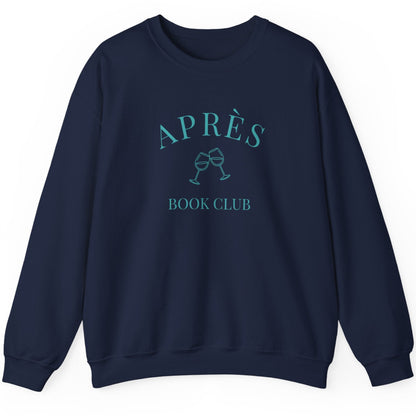 Navy blue sweatshirt with 'APRèS BOOK CLUB' text on a white background