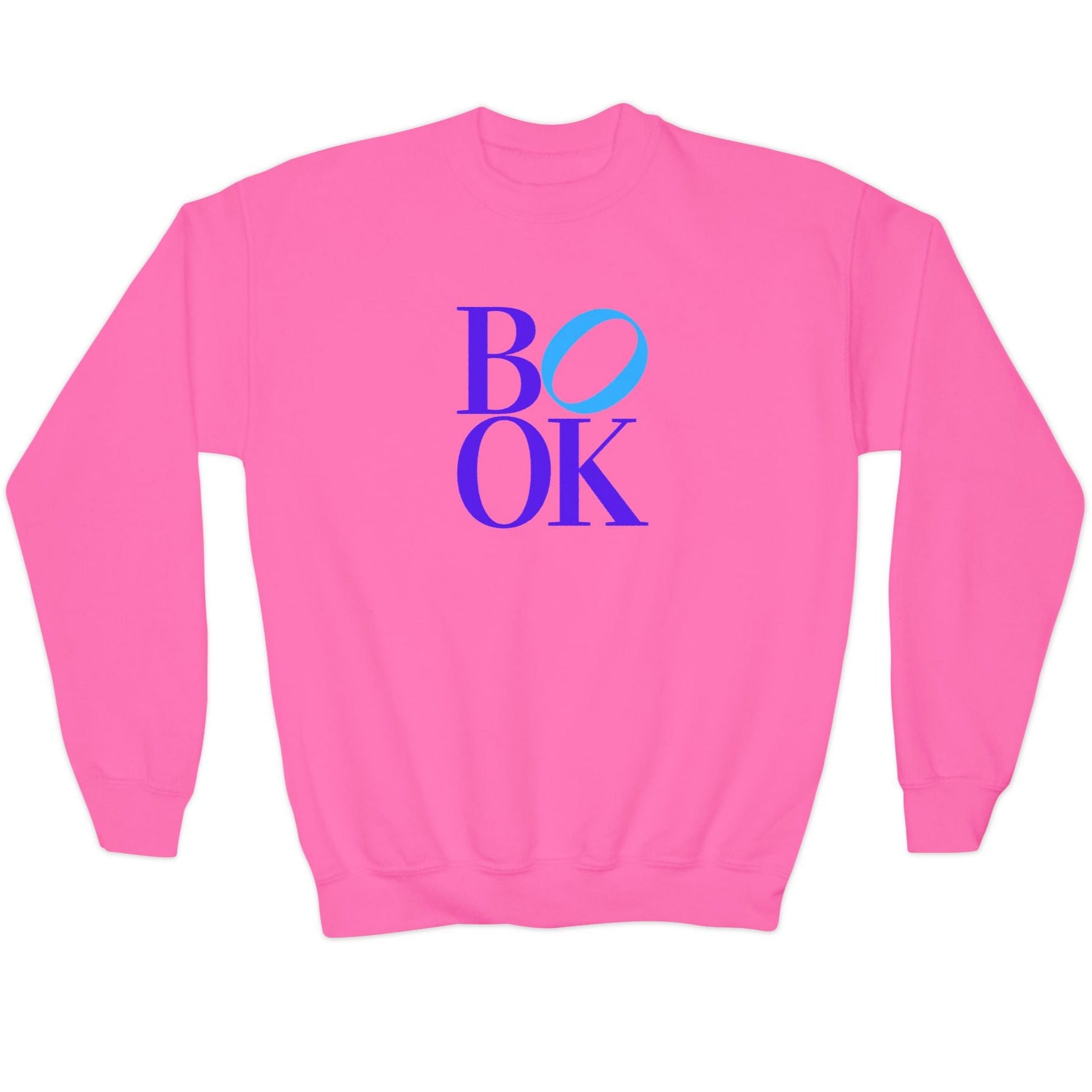 Pink sweatshirt with 'BOOK' text on the back against a white background